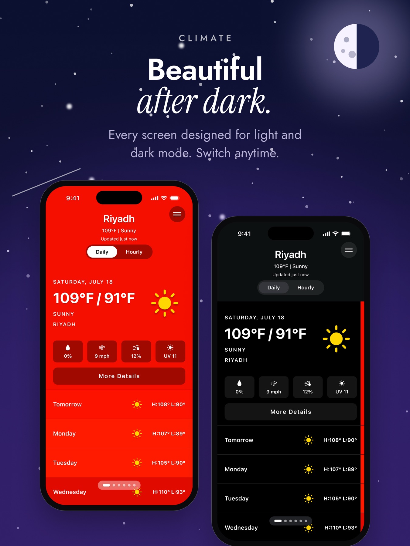 Climate App Store artwork showing the same forecast in vivid light mode and neutral dark mode